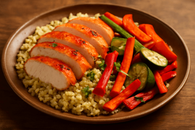 Pieczony filet z kurczaka z warzywami i kaszą bulgur