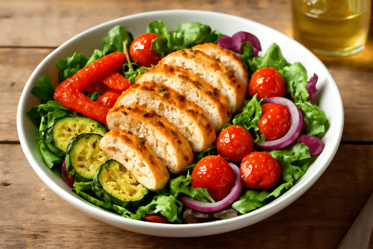 Färgglad kycklingsallad med rostade grönsaker