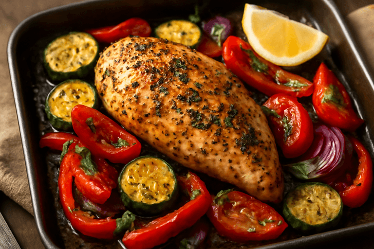 Poulet rôti aux herbes et légumes méditerranéens