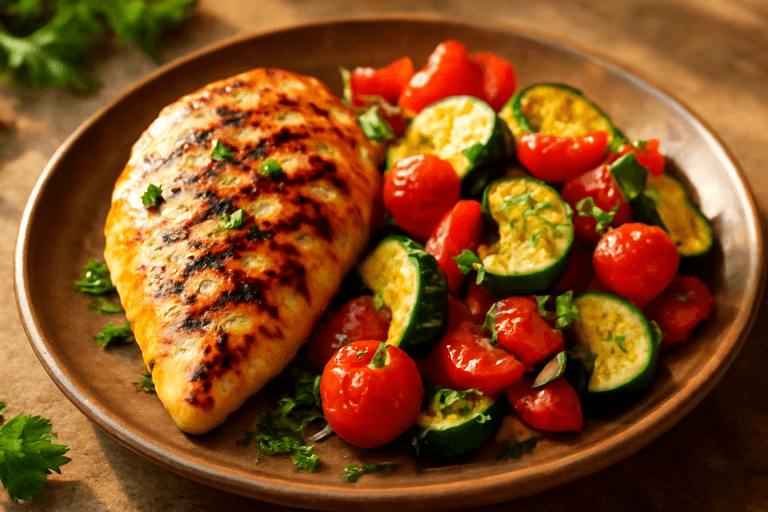 Poulet grillé léger à la méditerranéenne et légumes rôtis