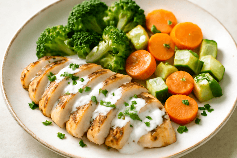 Piept de pui la grătar cu legume la abur și dressing de iaurt