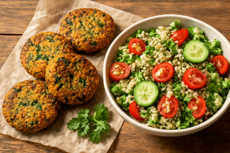 Pieczone kotleciki z ciecierzycy i szpinaku z sałatką z komosy ryżowej