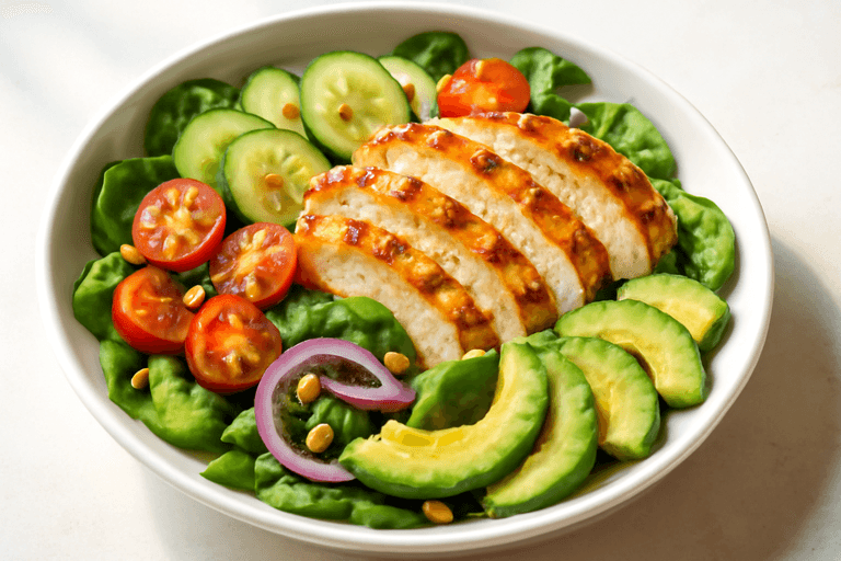 Klassisk kycklingsallad med avokado och citronvinägrett