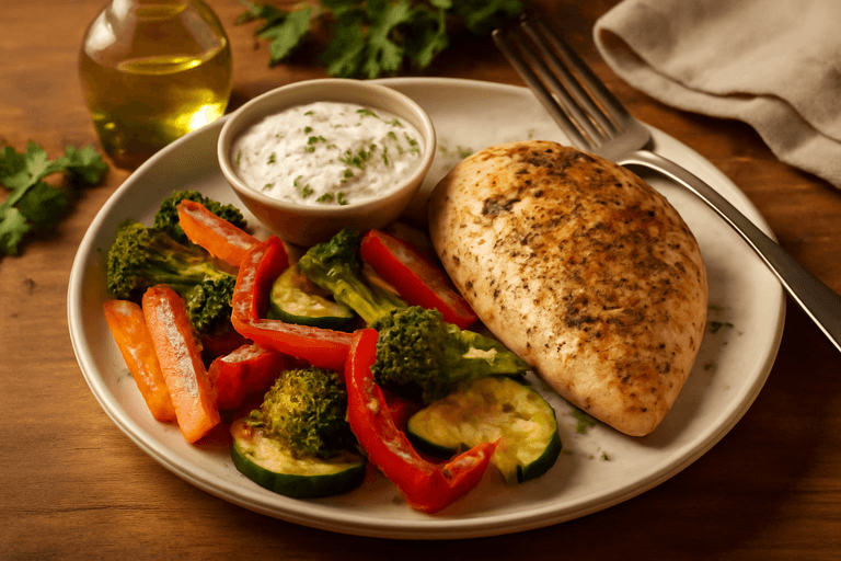 Ugnsbakad kycklingfilé med rostade grönsaker och örtsås