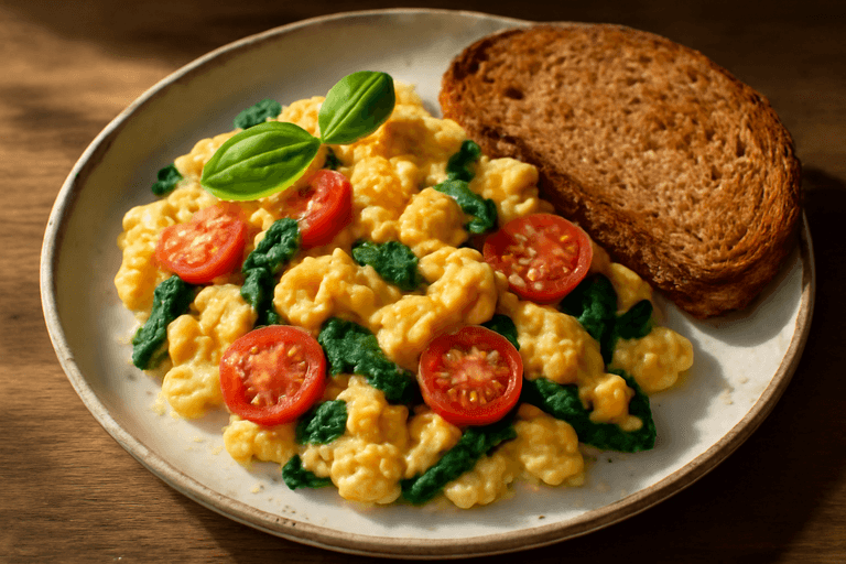 Proteinrik äggröra med spenat och tomat