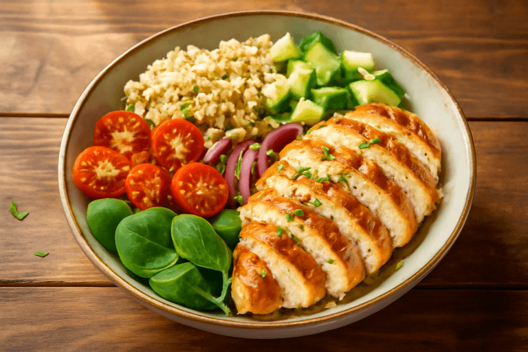 Kyckling- och quinoa-bowl med färska grönsaker