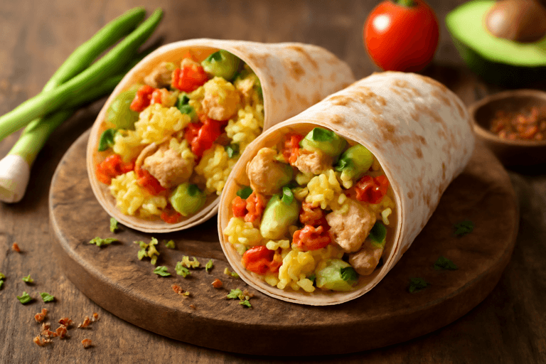 Kraft-Frühstücks-Burrito mit Ei, Hähnchen und Avocado