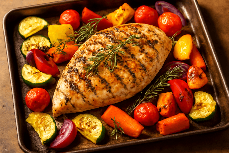 Poulet grillé aux herbes et légumes colorés