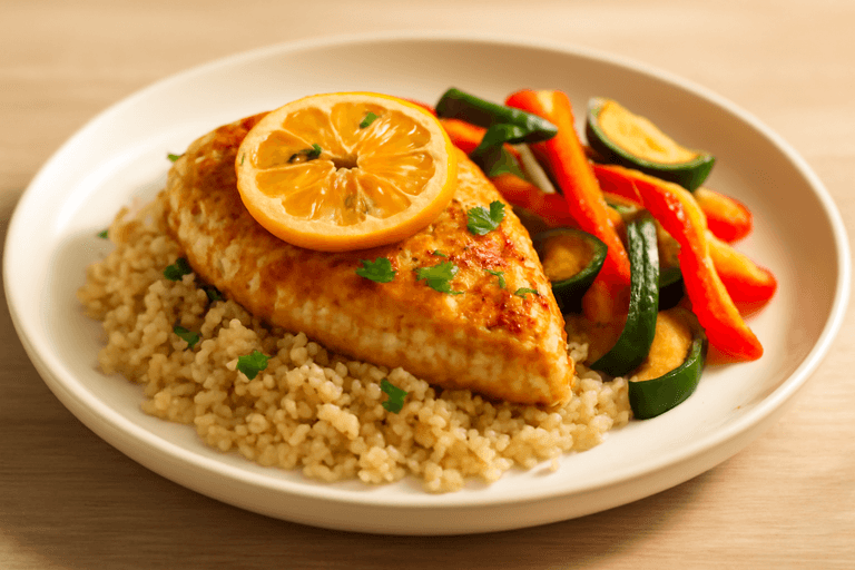 Pollo al Limón con Quinoa y Verduras Asadas