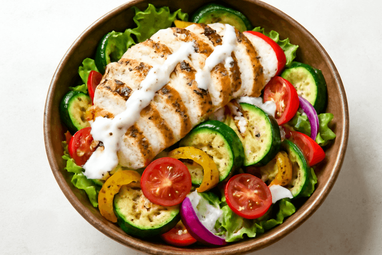 Ελαφριά Κοτοσαλάτα με Γκρίλ Λαχανικά & Σως Γιαούρτι
