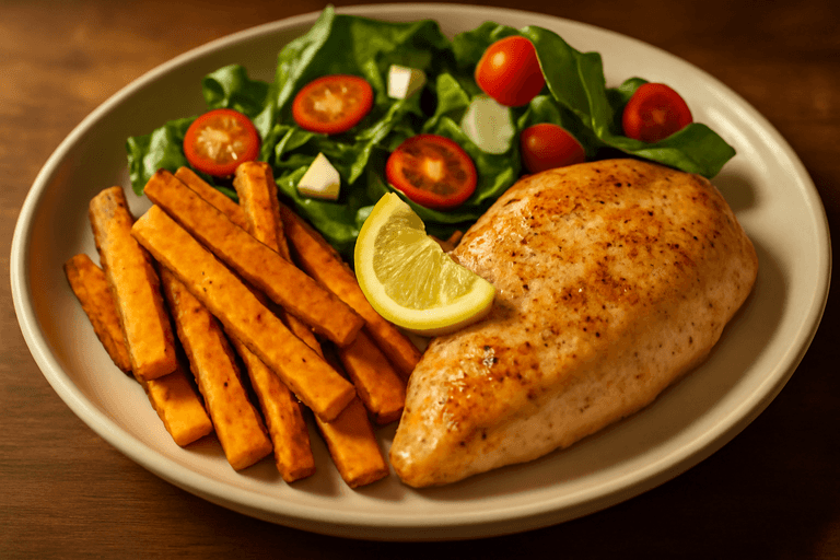 Lätt kycklingfile med rostad sötpotatis & grönsakssallad