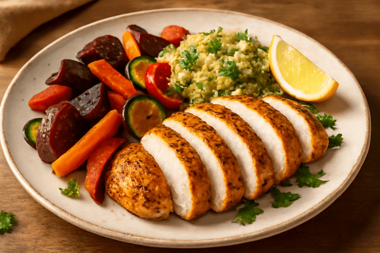 Kycklingfilé med Rostade Grönsaker och Örtig Quinoa