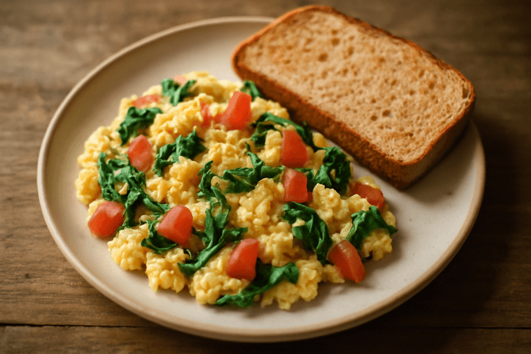 Ovos Mexidos com Espinafre e Tomate