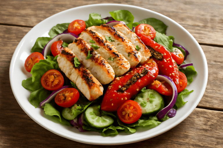 Klassisk kycklingsallad med rostade grönsaker och balsamvinägrett