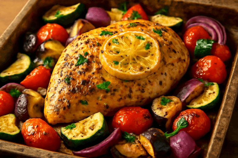 Zitronen-Kräuter-Hähnchen mit mediterranem Gemüse
