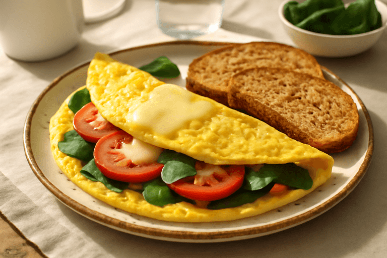 Energigivande klassisk omelett med spenat och tomat