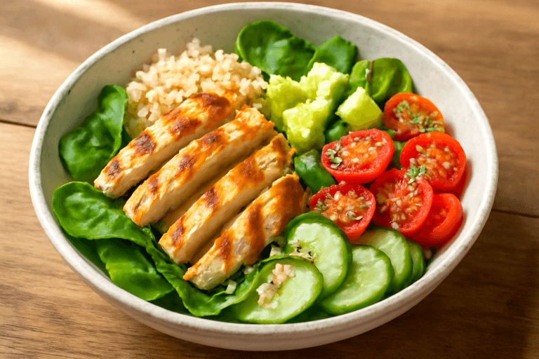 Ensalada de pollo grillado con aguacate y quinoa