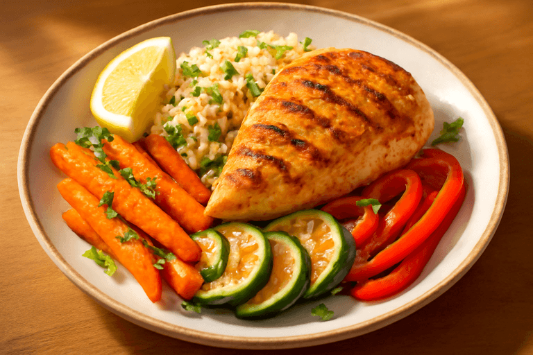 Pollo a la plancha con quinoa y verduras rostizadas