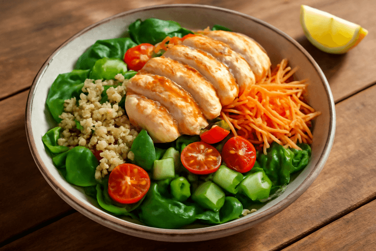 Ensalada de pollo con quinoa y vegetales frescos