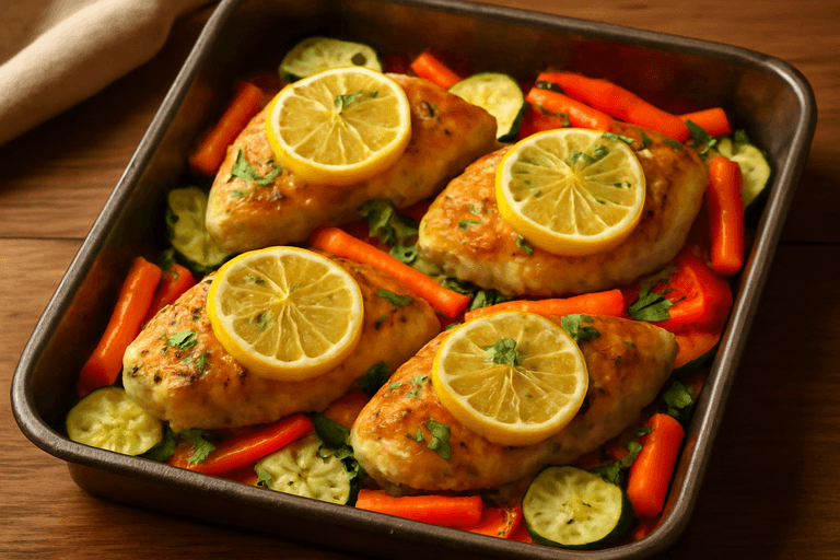 Pollo al limón con verduras asadas