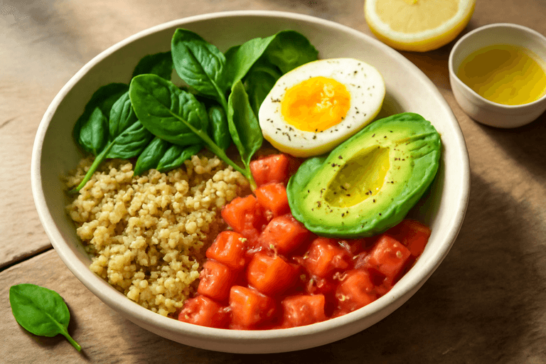 Tazón Proteico de Desayuno Vegetariano con Quinoa y Aguacate