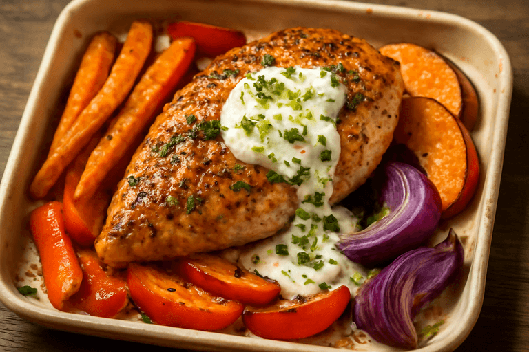 Saftig kycklingfilé med rostade grönsaker och örtig yoghurt