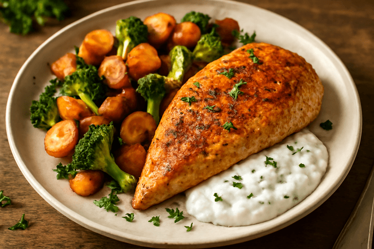 Kycklingfilé med ugnsrostade grönsaker och yoghurtsås