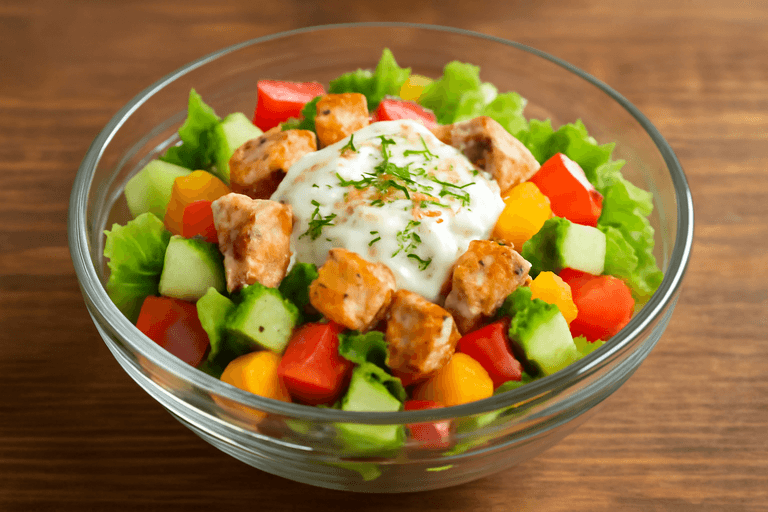 Легкий куриный салат с овощами и йогуртовой заправкой