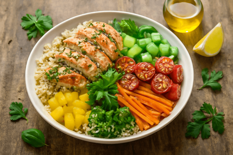 Легкий куриный салат с овощами и киноа