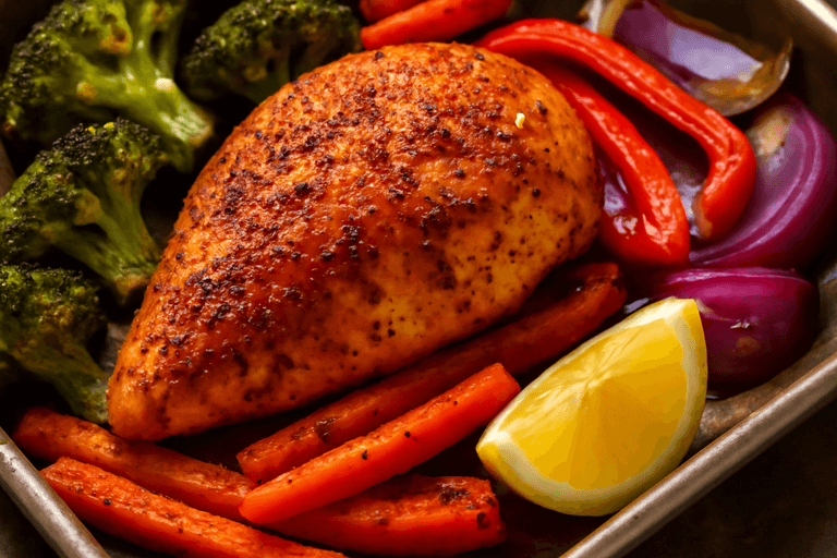 Kryddig kycklingfile med ugnsrostade grönsaker