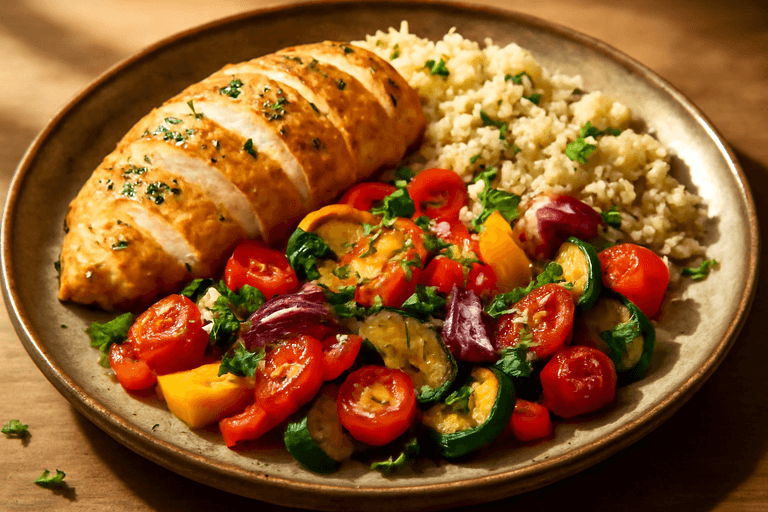 Κοτόπουλο λεμονάτο με ψητά λαχανικά & κινόα