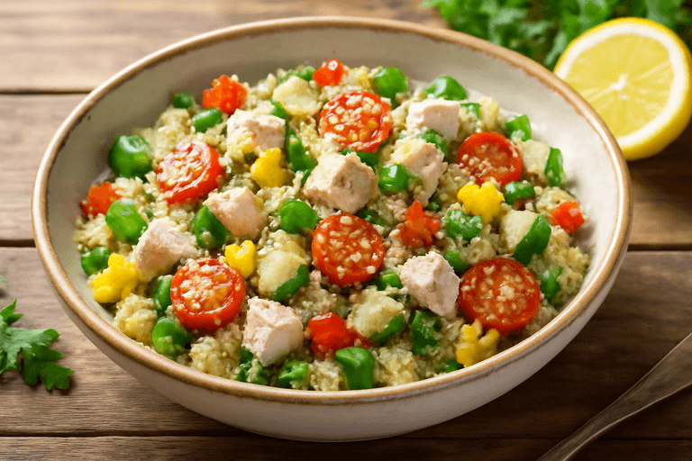 Легкий куриный салат с киноа и свежими овощами