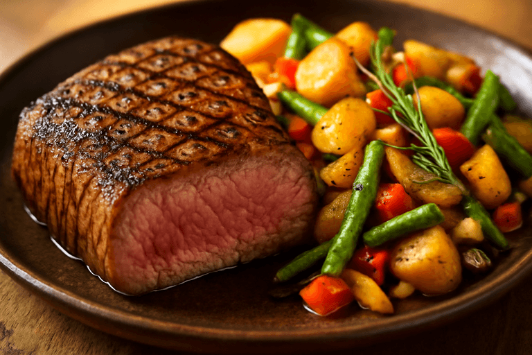Herzhaftes Rindersteak mit Kartoffel-Gemüse-Pfanne