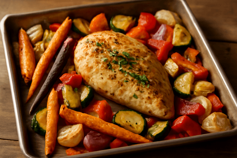 Poulet rôti aux herbes et légumes colorés