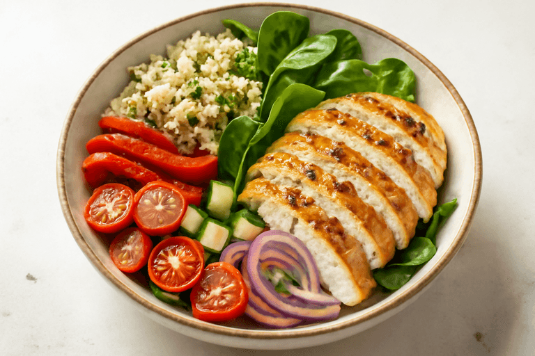 Proteinrik kycklingsallad med quinoa och rostade grönsaker