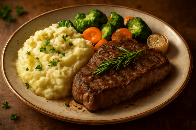 Klassisches Rindersteak mit Kräuter-Kartoffelpüree und buntem Gemüse