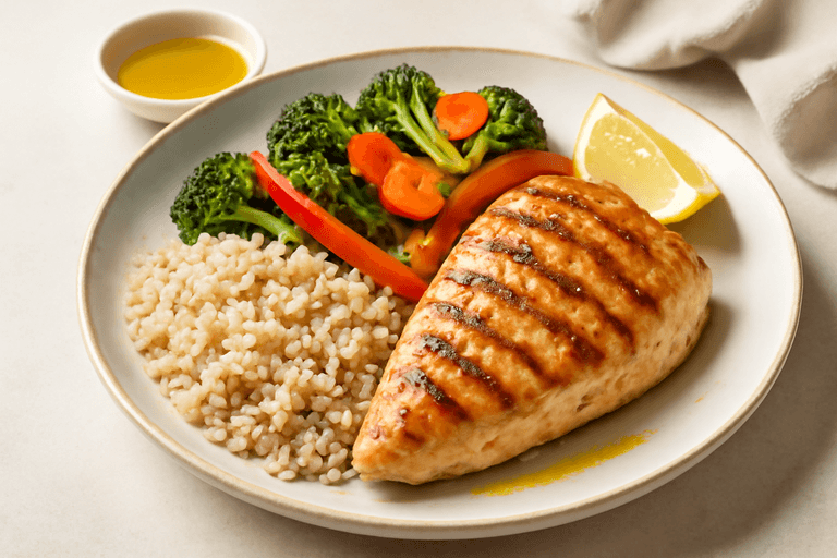 Pollo a la plancha con arroz integral y vegetales salteados