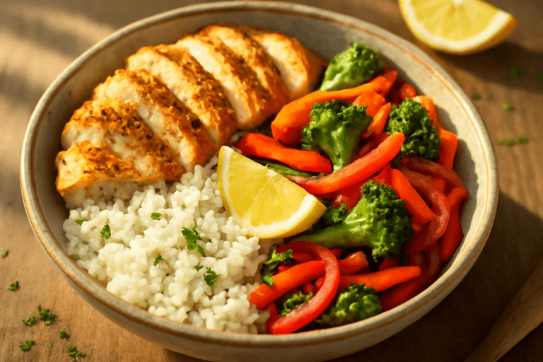 Bowl energético de pollo y arroz con vegetales salteados