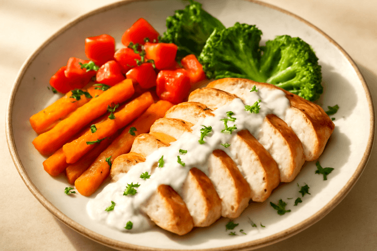 Lätt kycklingfilé med rostade grönsaker och citronyoghurt