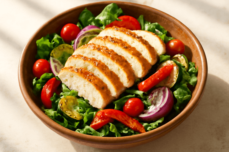 Ensalada tibia de pollo y vegetales asados