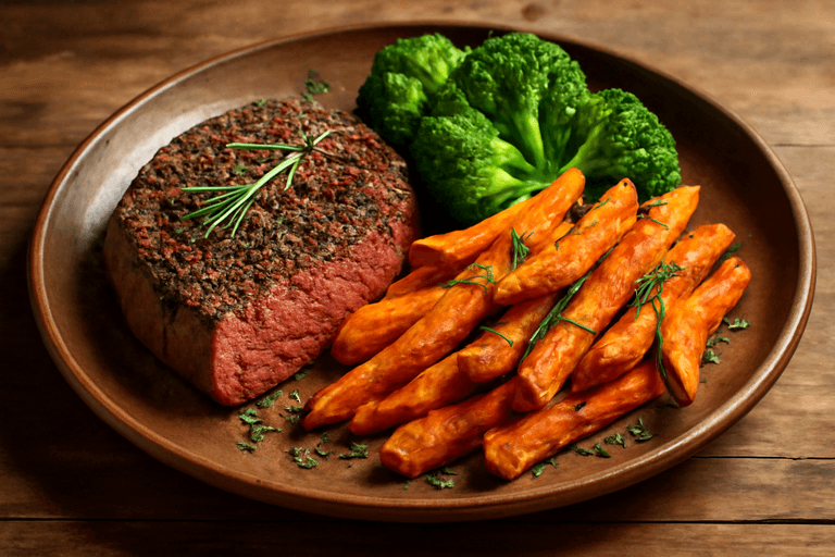 Herzhaftes Rindersteak mit Süßkartoffel-Pommes und Brokkoli