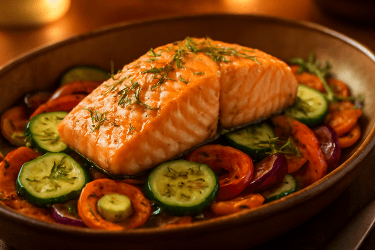 Pieczony łosoś z warzywami i ziołami