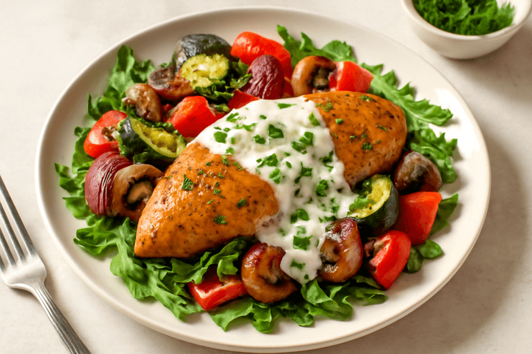 Lätt kycklingfilé med grillad grönsakssallad och citron-yoghurtsås