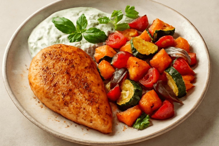 Lätt kycklingfilé med ugnsrostade grönsaker och örtig yoghurtsås