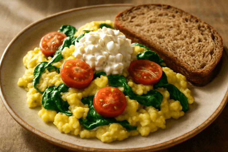 Ovos Mexidos Cremosos com Espinafre e Tomate