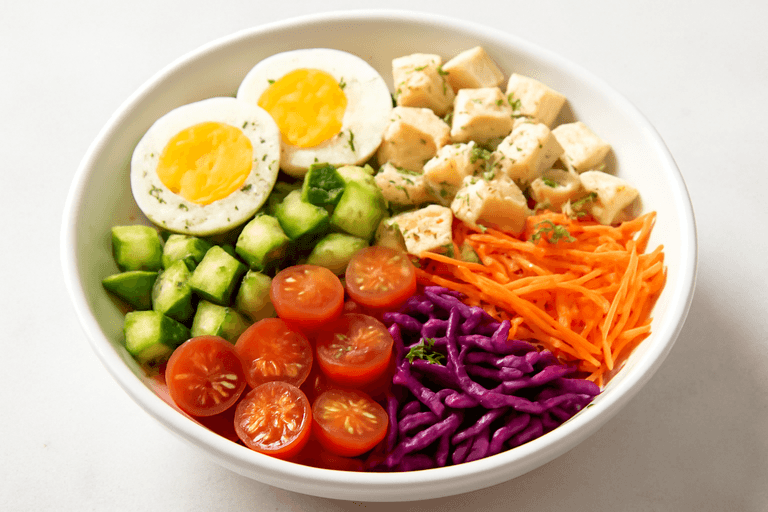 Лёгкий салат с курицей, овощами и яйцом