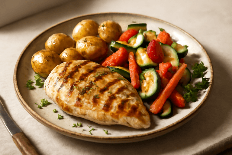 Κοτόπουλο σχάρας με λαχανικά και ψητές πατάτες