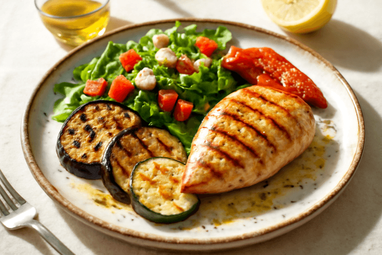 Κοτόπουλο στη Σχάρα με Ψητά Λαχανικά και Δροσερή Σαλάτα