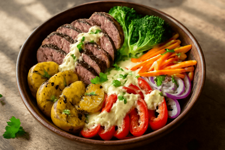 Herzhafter Rindersteak-Bowl mit Ofenkartoffeln & Gemüse