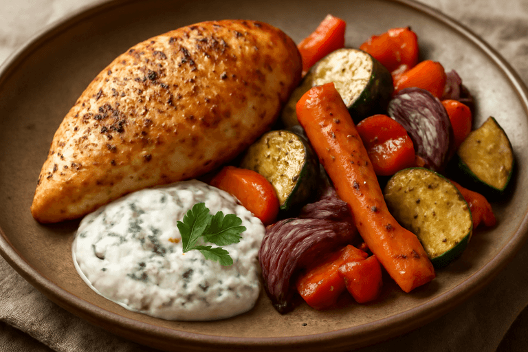 Ugnsbakad kycklingfilé med rostade grönsaker och fräsch örtyoghurt